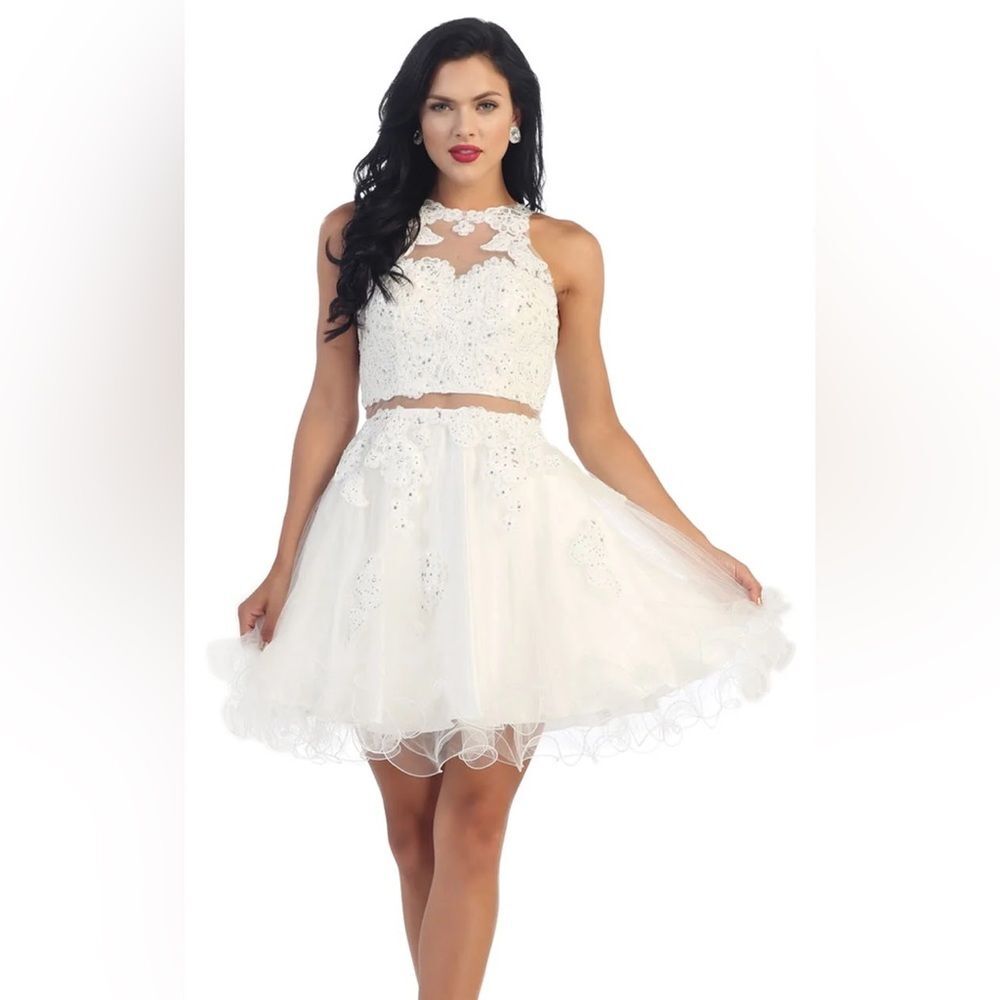 White Plus Size embroidery bedazzled Homecoming Dress